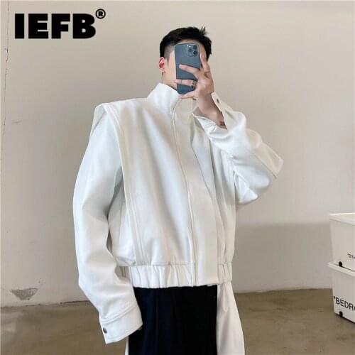 IEFB Mens Design Double Shoulder Pad Stand Collar Loose Short Jacket Black White 2021 Autumn New Niche Coat For Male 9Y9330