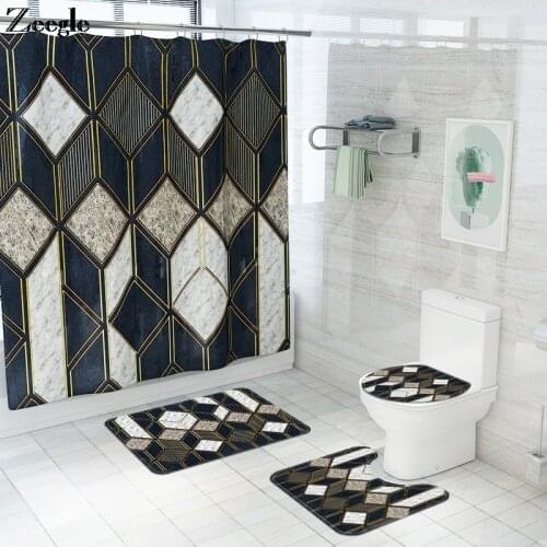 Bath Mat and Shower Curtain Set Marble Pattern Toilet Floor Mat Bathroom Carpet Rugs Toilet U-Shaped Foot Pads