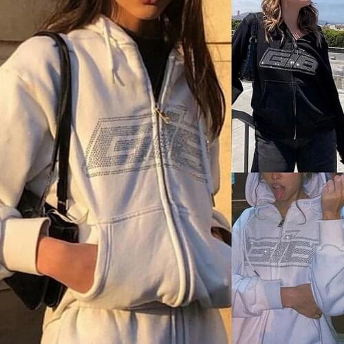 New Rhinestone Letter Print Hooded Sweatshirts Women Long Sleeve Zipper Loose Oversized Casual Coats Y2K Autumn Hoodies Outfits