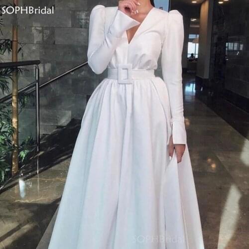 New Muslim Evening Dresses 2021 V Neck Long Sleeve White Taffeta Prom Party Gowns Vestidos De Feast Abiti da Cerimonia Sera