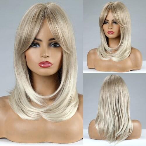 Ombre Golden Blonde Medium Wavy Synthetic Wig Hair Natural Cosplay Layered Wigs with Side Bangs for Women Heat Resistant Fiber