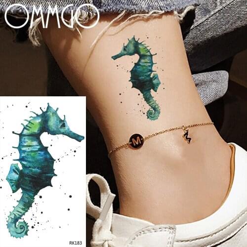 OMMGO Small Cartoons Colorful Seahorse Temporary Tattoos For Women Waterproof Tatoos Kids Sticker Fake Green Tattoo Paper Art
