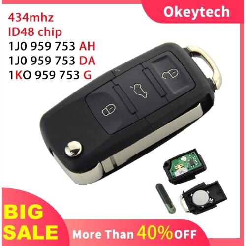OkeyTech 3BT Flip Car Remote Key For VW Volkswagen PASSAT Polo Skoda Seat 434MHZ ID48 Chip 1J0959753AH 1KO959753G 1J0959753DA