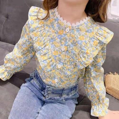 Kids Girls Floral Printed Blouse Fuffles Pleated Tops 2021 New Children Princess Pleated Lace Blouses Cute Yellow Tops For 4-13Y