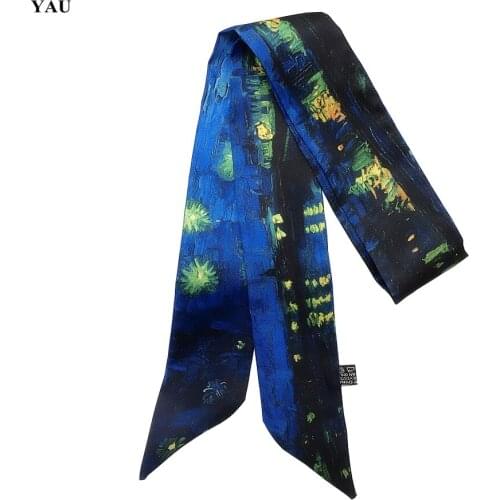 95cm*5cm Small Silk Scarf Women 2020 Van Gogh Oil Painting Print Bag Ribbons Brand Fashion Head Scarf Small Long Skinny Scarves