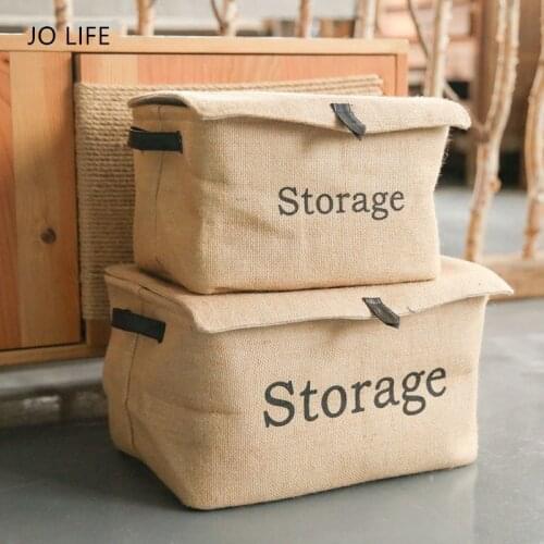JO LIFE Foldable Vintage Linen Square Bag Leather Handle Retro Nordic Style Clothes Quilt Storage Box With Lid