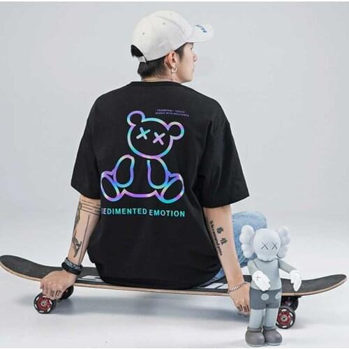 Reflective Rainbow Bear T Shirts Japanese Sedimented Emotion Tops Tees Ovesize Hip Hop Streetwear Loose Homme Clothes Wholesale