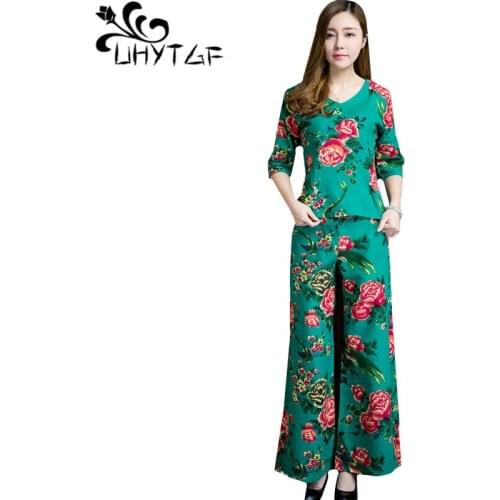 UHYTGF Female set National style Vintage print spring summer 2 piece set women Cotton and linen Wide leg pants elegant sets 398