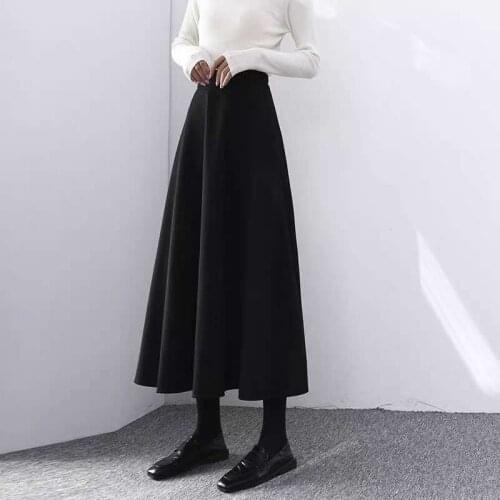 Spring Autumn High Waist Black Slim A-line Skirts Loose Elegant Temperament Comfort Long Skirt Casual Solid Women Midi Skirt