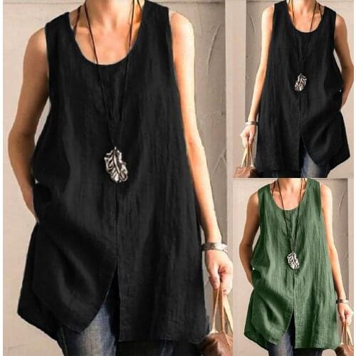 Newest Womens Solid Color Cotton Linen Sleeveless Round Neck Front Split Blouse Sexy Tank Top Women 2021 Clothing Free Shipping