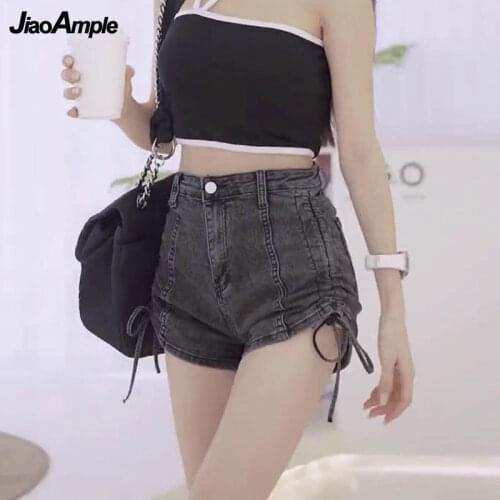 Womens Pants 2021 Summer New Pleated Drawstring High Waist Sexy Denim Shorts Female Plus Size Vintage Slim Jeans Fashion Clothe