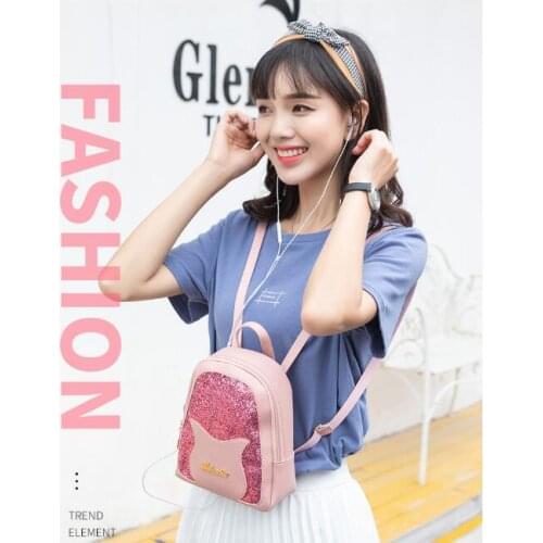1 piece multifunctional usage Mini Faux Leather Backpack Rucksack School Bag Travel Cat Cartoon Print shining Sequined Bag