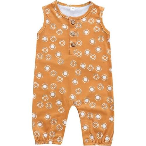 2021 0-18M Newborn Baby Boy Girl Romper Casual Sleeveless Jumpsuit Sun Printing Buttons Cotton Clothes Long Pants Outfit