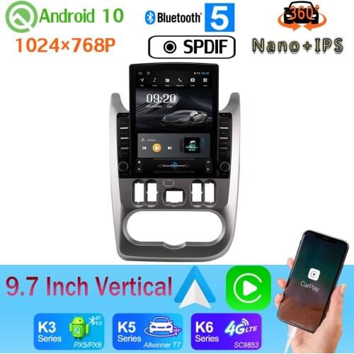 9.7" Tesla Style PX6 4+64G GPS Android 10 Radio For Renault Logan 1 Sandero Lada largus Dacia 2010-2015 360 Camera Car Media DSP
