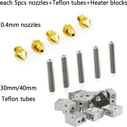 Anet Each 5pcs 0.4mm Nozzles Heads+30mm/40mm 1.75MM Throat Tubes+Heater Blocks Hotend for MK8 A8 A6 E10 E12 3D Printers