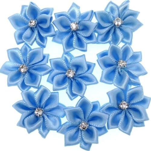 12pcs 1" Blue satin ribbon flowers white rhinestone appliques artificial flowers for craft sewing wedding decoration 2.8cm
