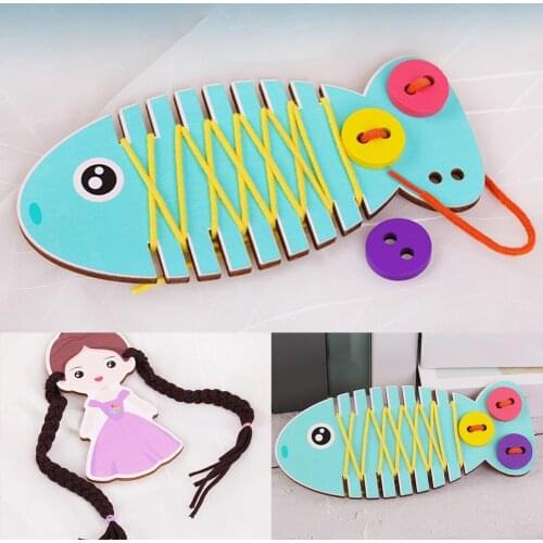 Kids Cartoon Fish Button Thread Doll Girl Faux Hair Braid Practicing Board Game Fish Button Thread Doll Girl Faux Hair Braid Pra