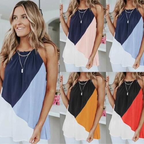 Summer Women T-shirts Sleeveless Sexy Halter Contrast Color Caual Beach Style Spring Autumn Lace Up Female Blouse C2707