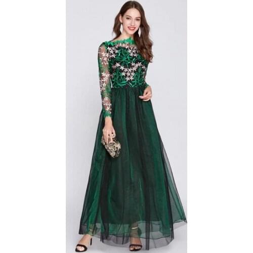 Summer Middle East Long Sleeve Embroidered Mesh Long Banquet Party Fashion Evening Dress Bridesmaid Muslim Woman Evening Dress