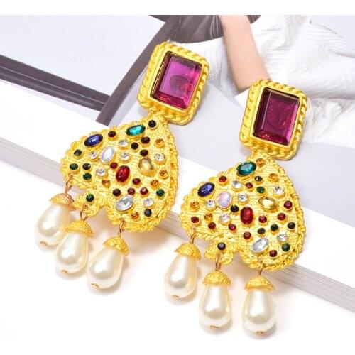 Hot Sell Vintage Gold Metal Colorful Crystals Dangle Drop Earrings Hanging Pearls Fine RhineStone Jewelry Accessories For Women