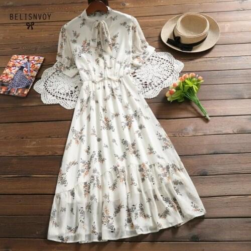 Mori Girl Sweet Dresses Summer Women Floral Printed Long Chiffon Dress Female Bowknot Short Sleeve Ruffles Vestidos Longo