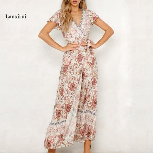 Summer Women Floral Print Boho Dress Sexy V-neck High Split Beach Long Dress Causal Short Sleeve Sashes Wrap Maxi Dresses