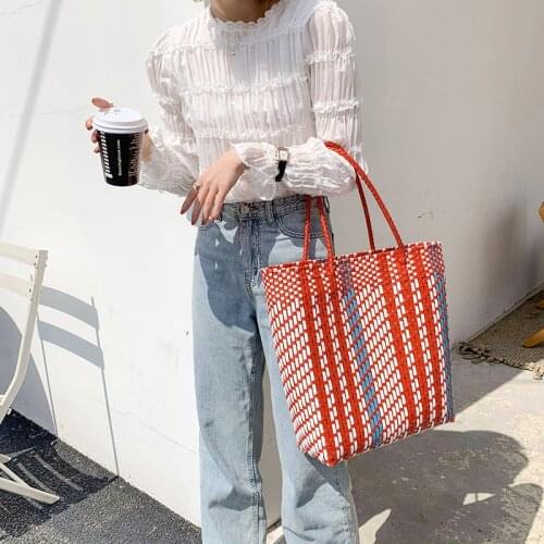 Casual Wicker Woven Striped Women Handbags Handmade Rattan Shoulder Bags Summer Beach Straw Basket Bag Large Capacity Tote 2021