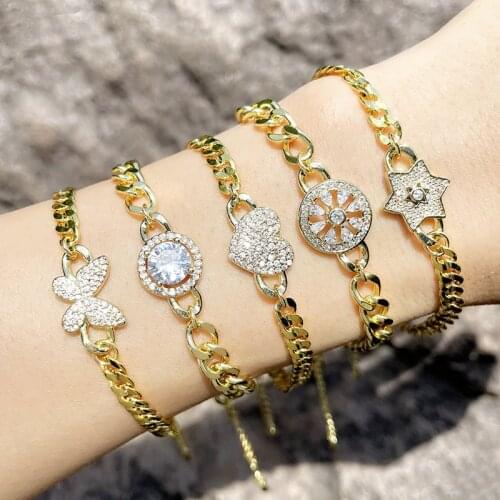 EYIKA Luxury Micro Pave Cubic Zircon Gold Color Cuban Chain Bracelet Woman Jewerly Geometric Star Heart Butterfly Charm Bangles
