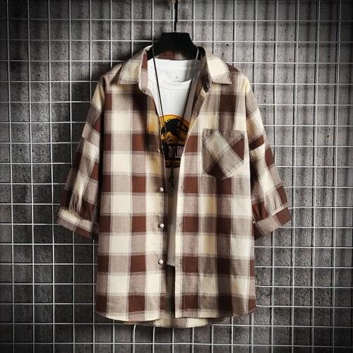 New Fashion Mens Summer Casual Dress Shirt Mens Harajuku Streetwear Plaid Short Sleeve Shirts Tops with Front Pocket