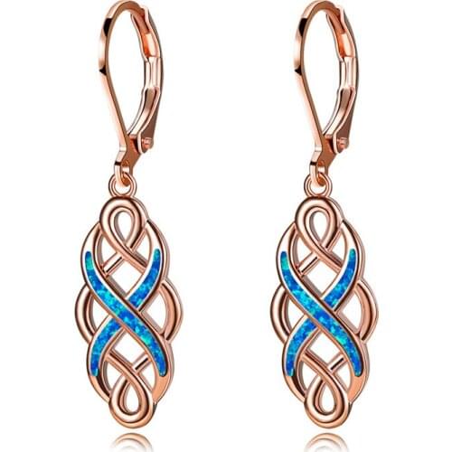 Boho Female Blue White Opal Drop Earring Rose Gold Silver Color Clip Earrings For Women Vintage Hollow Geometry Wedding Earrings