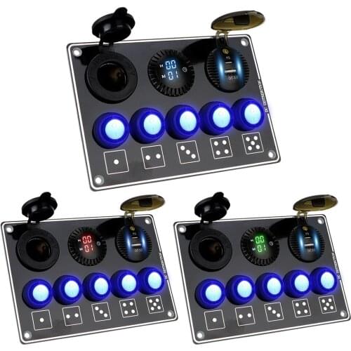 LED Voltage Display Waterproof 12/24V PD USB For RV Car Marine QC3.0 Quick Charge 5 Gang Car Switch Panel