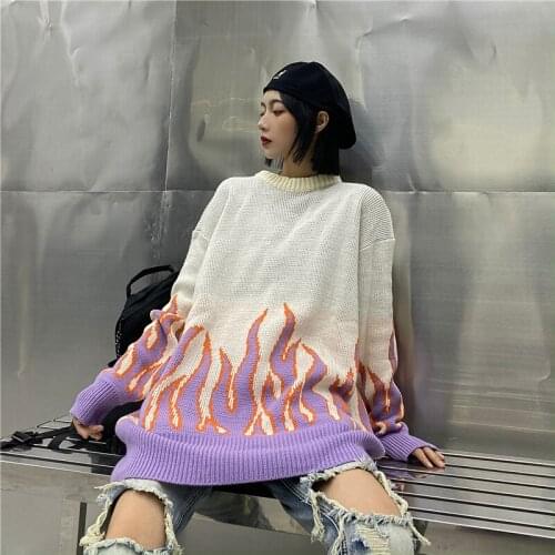 Harajuku Sweater Couple Hip Hop Oversized Knitting Pullover Women Flame Casual Autumn Winter Men Women Loose Fashion Tops Unisex