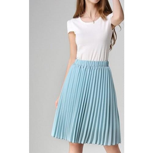 Summer Pleated High Waist A-line Womens Skirts Elastic Slim Loose Solid Ladies Midi Skirt 2020 Fashions Vintage Clothes Female