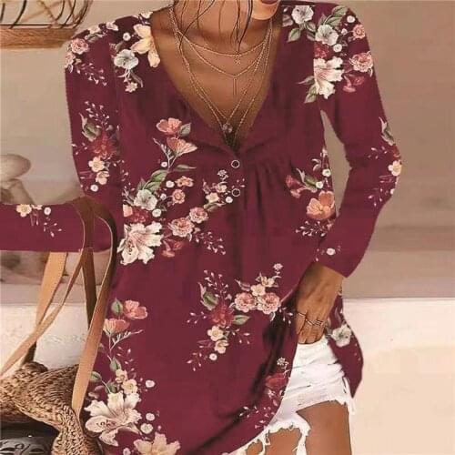 Women Deep V Neck Long Sleeve Casual Top Blouse Summer Flower Print Loose Shirt Blouses et Chemises Women Clothing 2021 New Hot
