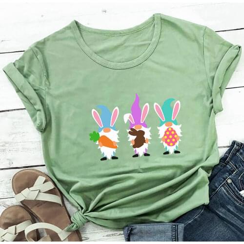 Cute Three Gnomes East 100%Cotton Printed Women Tshirt Easter Day Funny Casual Short Sleeve Top Holiday Gift