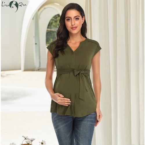 Women Maternity Tank Tops Pregnancy Sleeveless Tees Pregnant Shirts with Belt Maternity Summer Classic Tops Women Clothing
