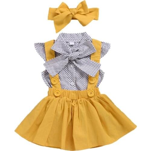 1-6Y Fashion Summer Kids Baby Girls Clothes Sets Toddler 3pcs Polka Dot Short Sleeve Shirt Strap Skirt Headband Outfits Set