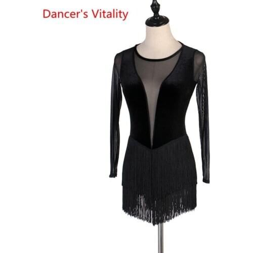 Custom Made Women Cha-Cha Latin Dance Top Round Neck Mesh Tassel Long Sleeves Competition Dance Clothing