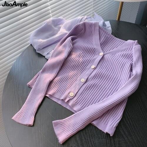 Girls Sweet V-neck Short Sweater Shirt Women Autumn Winter New Solid Purple Cardigans Womans Casual Joker Soft Knitted Coats