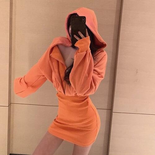 Spring Autumn Hooded Sweater Dress Woman Fashion Brand Ins Bodycon Dresses Sexy Club Evening Party Fake Two Pieces New 2021