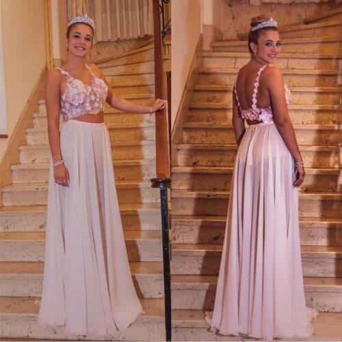 Two Piece Dresses A Line Chiffon Women Evening Party Gowns Hand Made Flowers Long Pink Prom Dresses