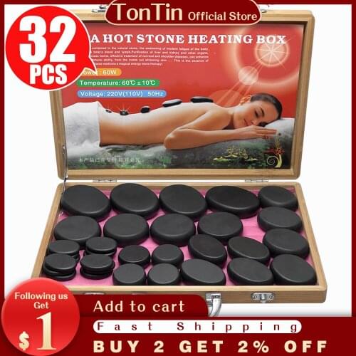 Tontin 38pcs/set body massage stone hot stone with 220V/110V Bamboo heating box Relieve Stress Back Pain Health Care