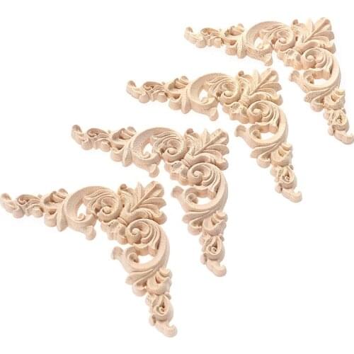4pcs 11.5x11.5cm Solid Wood Carved Corner Onlay Furniture Home Decorations Unpainted Applique(C-073)