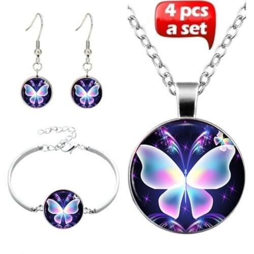 4Pcs Necklace Bracelet Earrings Set Blue Butterfly Art Photo Tibet Silver Color Jewelry Fit women Fashion Charm Jewellery
