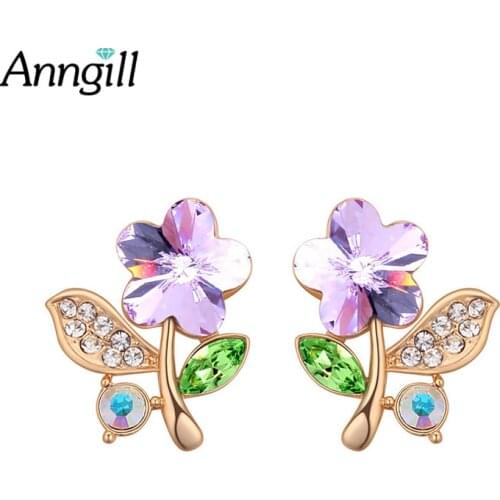 ANNGILL New Flower Design Crystals from Swarovski Stud Earrings Fashion Statement Earrings Couple Jewelry Gift wholesale