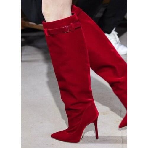 ASHIOFU New Style Handmade Womens High Heels Boots Golden Velvet Leather Knee-high Boots Evening Club Fashion Winter Red Boots