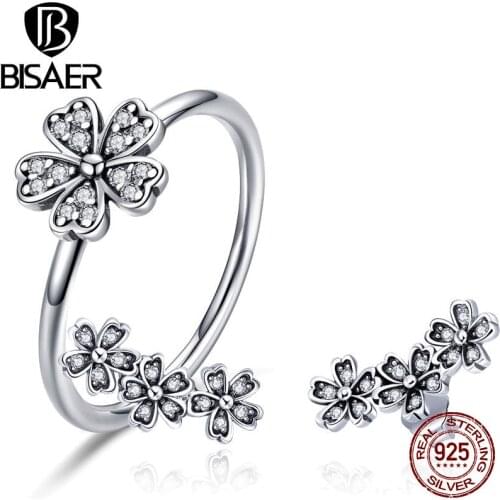 BISAER Real 925 Sterling Silver Jewelry Sets Daisy Flower Rings Wedding Bridal Jewelry Set Bride Sterling Silver 925 Jewelry