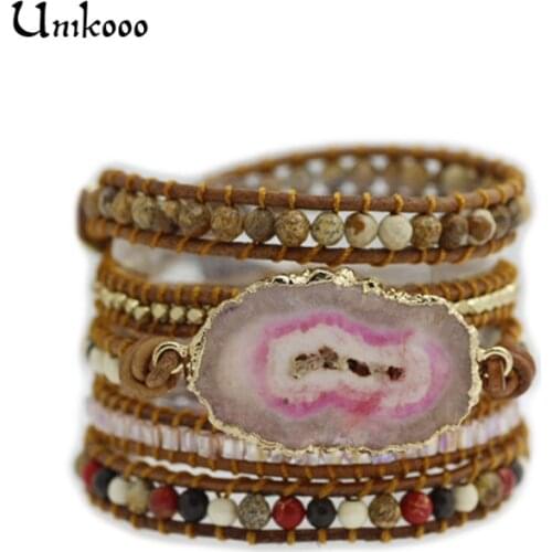 Wax/Leather Wrap Bracelet 5 Wrap Beaded Bracelet Original Pink Crystal Bracelet Boho Jewelry Bohemian style Women Jewelry