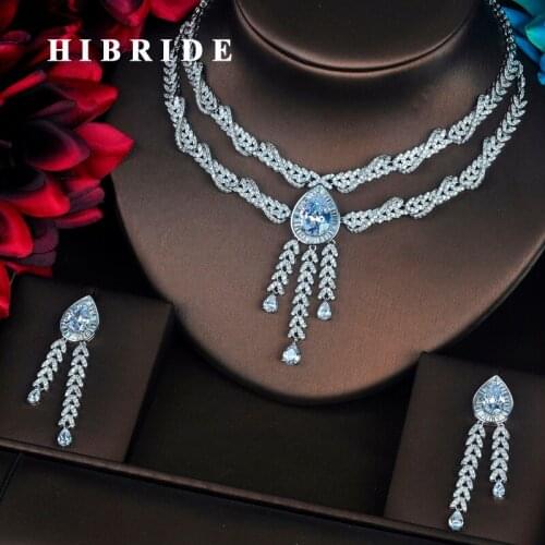 HIBRIDE Luxury Water Drop Shape Pendant Micro CZ Pave Women Jewelry Sets Necklace Sets Dress Accessories Wholesale Price N-397