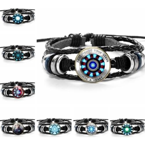 3D Marvel Leather Bracelet The Avengers Iron Man Action Tony Stark Arc Reactor Printed Glass Gem Charm Bracelet Bangles